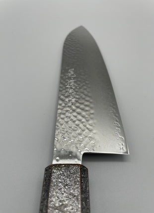 【三徳包丁】槌目ダマスカス 185mm 漆塗り（銀金箔）八角柄