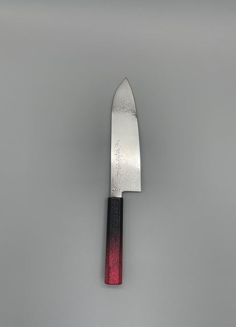 【三徳包丁】ダマスカス 185mm 漆塗り（赤烈火黒）八角柄