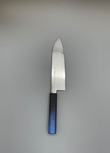 【三徳包丁】ダマスカス 185mm 漆塗り（青烈火黒）八角柄