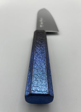 【三徳包丁】ダマスカス 185mm 漆塗り（青烈火黒）八角柄