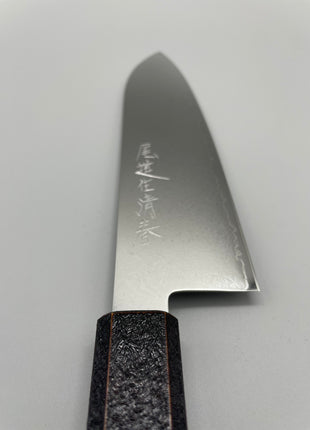 【三徳包丁】ダマスカス 185mm 漆塗り（青烈火黒）八角柄