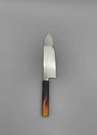 【三徳包丁】ダマスカス 185mm 漆塗り（火炎漆）八角柄