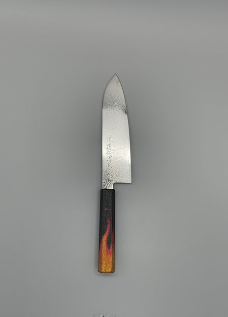 【三徳包丁】ダマスカス 185mm 漆塗り（火炎漆）八角柄