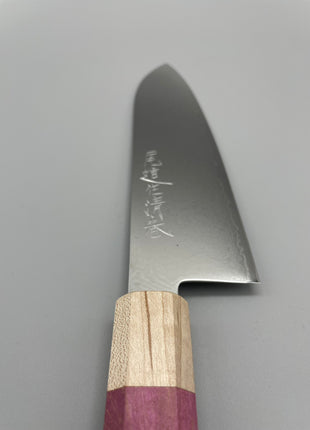 【三徳包丁】ダマスカス 185mm メープルとスタビライズドウッド（ピンク）八角柄