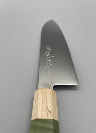 【三徳包丁】ダマスカス 185mm メープルとスタビライズドウッド（グリーン）八角柄