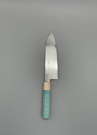 【三徳包丁】ダマスカス 185mm メープルとスタビライズドウッド（ブルー）八角柄