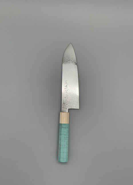 【三徳包丁】ダマスカス 185mm メープルとスタビライズドウッド（ブルー）八角柄