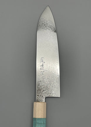 【三徳包丁】ダマスカス 185mm メープルとスタビライズドウッド（ブルー）八角柄