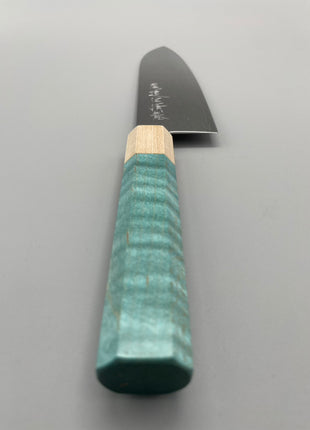 【三徳包丁】ダマスカス 185mm メープルとスタビライズドウッド（ブルー）八角柄