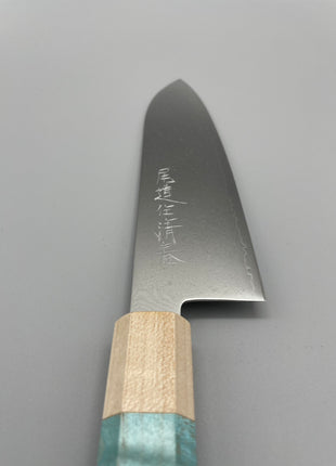 【三徳包丁】ダマスカス 185mm メープルとスタビライズドウッド（ブルー）八角柄