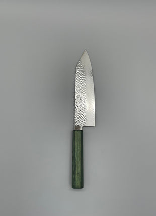 【切付包丁】槌目ダマスカス 185mm 漆塗り（緑漆）八角柄