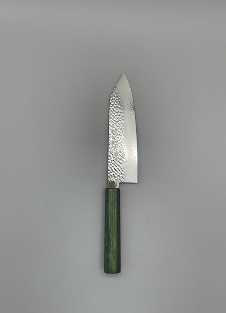 【切付包丁】槌目ダマスカス 185mm 漆塗り（緑漆）八角柄