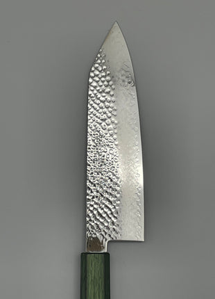 【切付包丁】槌目ダマスカス 185mm 漆塗り（緑漆）八角柄