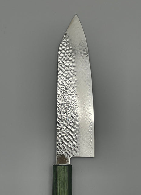 【切付包丁】槌目ダマスカス 185mm 漆塗り（緑漆）八角柄