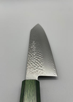【切付包丁】槌目ダマスカス 185mm 漆塗り（緑漆）八角柄