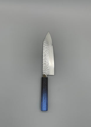 【切付包丁】槌目ダマスカス 185mm 漆塗り（青烈火黒）八角柄