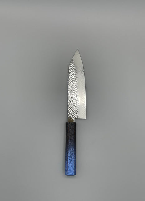 【切付包丁】槌目ダマスカス 185mm 漆塗り（青烈火黒）八角柄