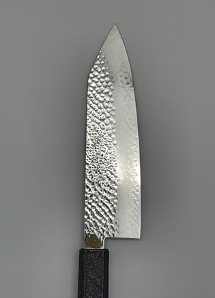 【切付包丁】槌目ダマスカス 185mm 漆塗り（青烈火黒）八角柄