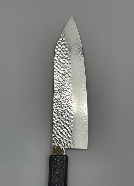 【切付包丁】槌目ダマスカス 185mm 漆塗り（青烈火黒）八角柄