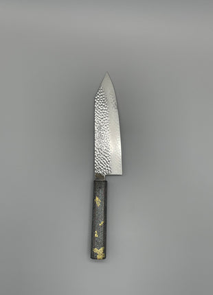 【切付包丁】槌目ダマスカス 185mm 漆塗り（銀金箔）八角柄