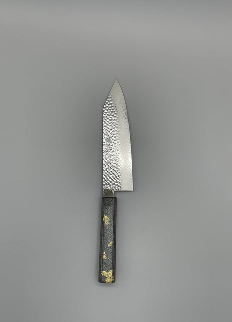 【切付包丁】槌目ダマスカス 185mm 漆塗り（銀金箔）八角柄
