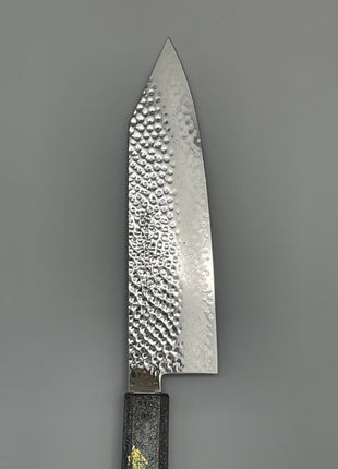 【切付包丁】槌目ダマスカス 185mm 漆塗り（銀金箔）八角柄