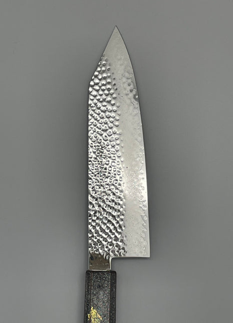 【切付包丁】槌目ダマスカス 185mm 漆塗り（銀金箔）八角柄