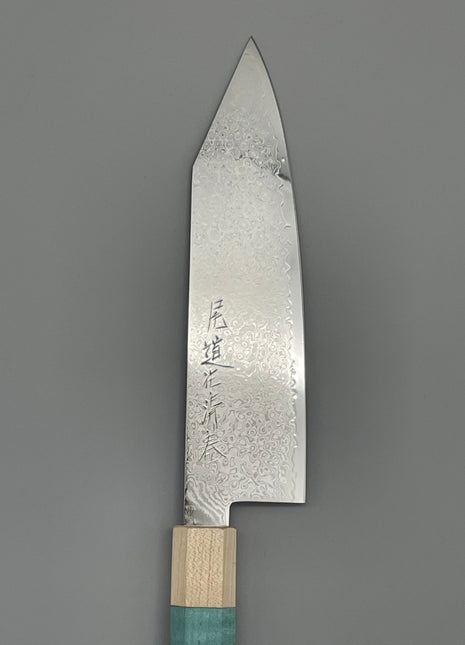 【切付包丁】ダマスカス 185mm メープルとスタビライズドウッド（ブルー）八角柄