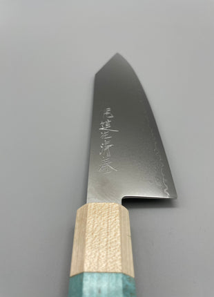 【切付包丁】ダマスカス 185mm メープルとスタビライズドウッド（ブルー）八角柄