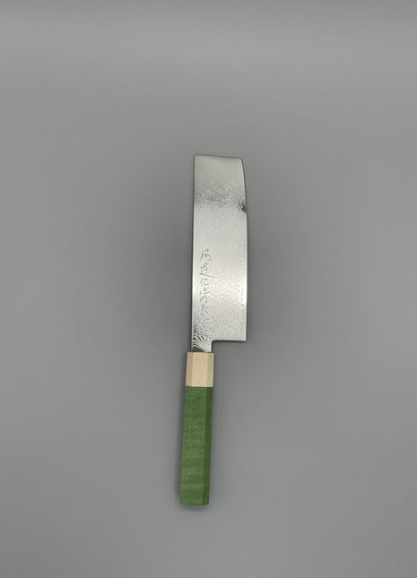 【菜切包丁】ダマスカス 166mm メープルとスタビライズドウッド（グリーン）八角柄