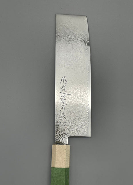 【菜切包丁】ダマスカス 166mm メープルとスタビライズドウッド（グリーン）八角柄