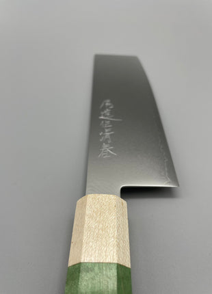 【菜切包丁】ダマスカス 166mm メープルとスタビライズドウッド（グリーン）八角柄