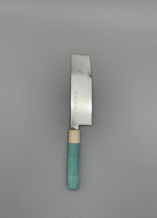 【菜切包丁】ダマスカス 166mm メープルとスタビライズドウッド（ブルー）八角柄