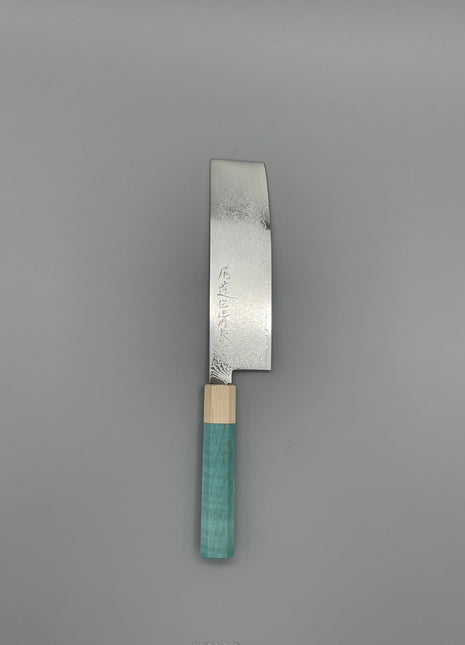 【菜切包丁】ダマスカス 166mm メープルとスタビライズドウッド（ブルー）八角柄