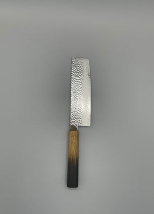【菜切包丁】槌目ダマスカス 166mm 漆塗り（焼漆）八角柄