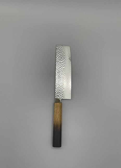 【菜切包丁】槌目ダマスカス 166mm 漆塗り（焼漆）八角柄