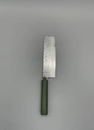 【菜切包丁】槌目ダマスカス 166mm 漆塗り（緑漆）八角柄