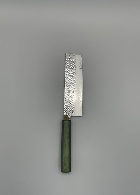 【菜切包丁】槌目ダマスカス 166mm 漆塗り（緑漆）八角柄