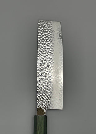 【菜切包丁】槌目ダマスカス 166mm 漆塗り（緑漆）八角柄