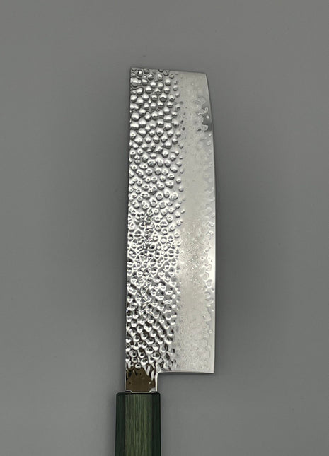 【菜切包丁】槌目ダマスカス 166mm 漆塗り（緑漆）八角柄