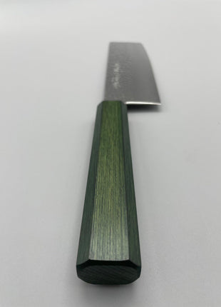 【菜切包丁】槌目ダマスカス 166mm 漆塗り（緑漆）八角柄
