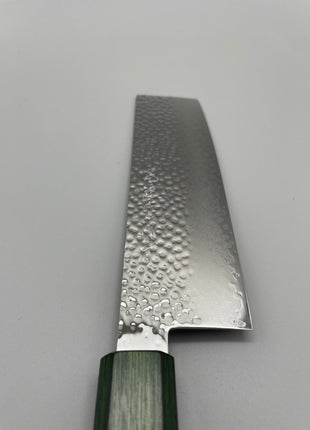【菜切包丁】槌目ダマスカス 166mm 漆塗り（緑漆）八角柄