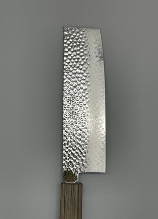 【菜切包丁】槌目ダマスカス 166mm 漆塗り（透木目）八角柄