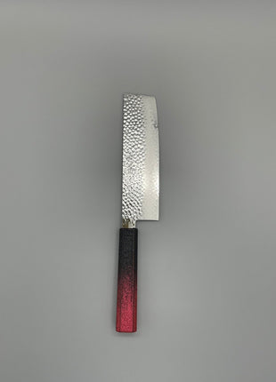 【菜切包丁】槌目ダマスカス 166mm 漆塗り（赤烈火黒）八角柄
