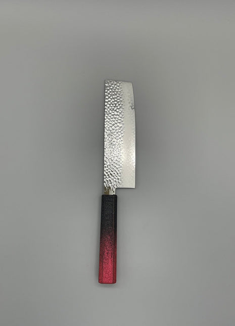 【菜切包丁】槌目ダマスカス 166mm 漆塗り（赤烈火黒）八角柄