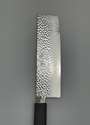 【菜切包丁】槌目ダマスカス 166mm 漆塗り（赤烈火黒）八角柄