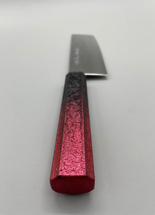 【菜切包丁】槌目ダマスカス 166mm 漆塗り（赤烈火黒）八角柄