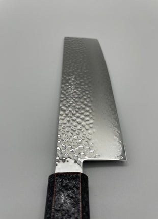 【菜切包丁】槌目ダマスカス 166mm 漆塗り（赤烈火黒）八角柄