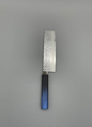 【菜切包丁】槌目ダマスカス 166mm 漆塗り（青烈火黒）八角柄