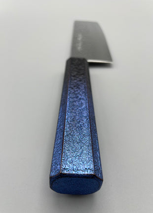 【菜切包丁】槌目ダマスカス 166mm 漆塗り（青烈火黒）八角柄